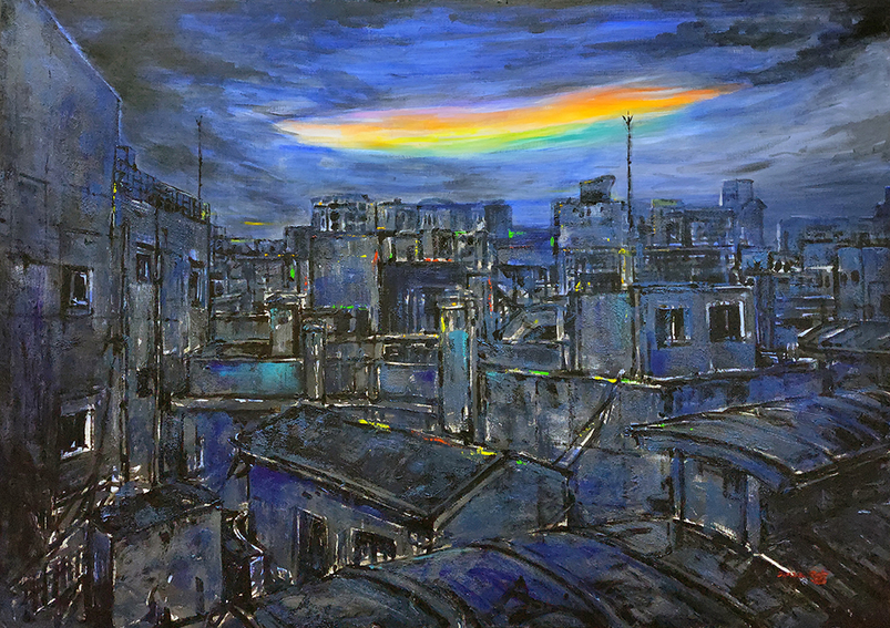 일곱개의 빛/ 162㎝×112㎝/ 캔버스에 아크릴, 자연모래/ 2022