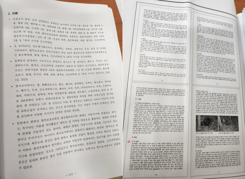 제주자연체험파크 조성사업 환경영향평가서 통합본 내 다른 페이지(좌)와 ‘제주 사파리월드 조성사업부지내 문화재 지표조사 보고서’(우). 4쪽을 한 페이지에 몰아넣다보니 글자가 잘 보이지 않는다.