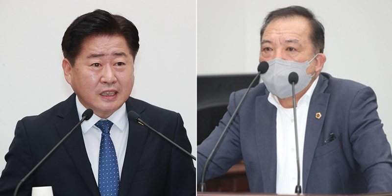 19일 열린 제주도의회 제409회 제1차 정례회 도정질문에서 오영훈(왼쪽) 제주지사와 국민의힘 이정엽 의원이 질의응답을 주고 받고 있다. 