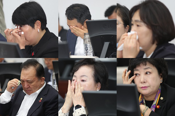 김대진 제주도의원과 김광수 제주도교육감의 교육행정질문.답변을 지켜보며 눈물을 훔치는 제주도의원들.