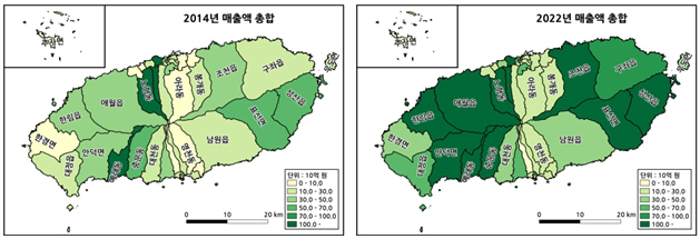 2014년과 2022년 이용 지역별 카드 소비금액 단계구분도(2022년에는 2014년 대비 매출액 1000억원 이상인 초록색 부분이 넓어짐)