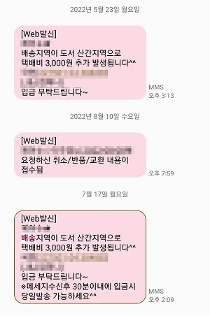 결제완료 후 추가배송비 입금을 요구한 문자메시지. 