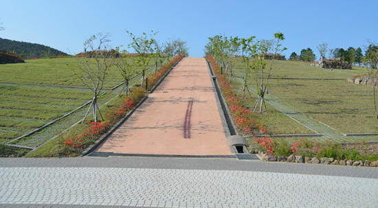 한울누리공원 주 도로 양쪽 묘역에는 주배수로와 연결된 배수로가 각 1개씩 밖에 없다.